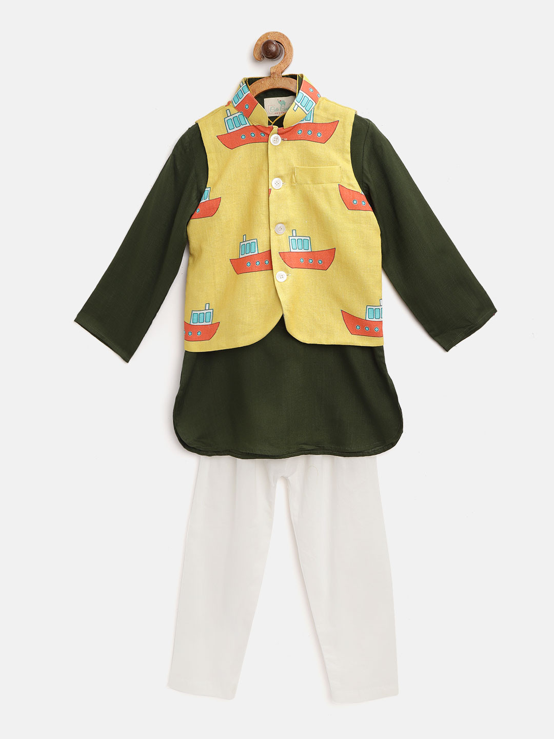 

Cute Couture Boys Olive Green & White Solid Kurta & Churidar with Ship Print Nehru Jacket