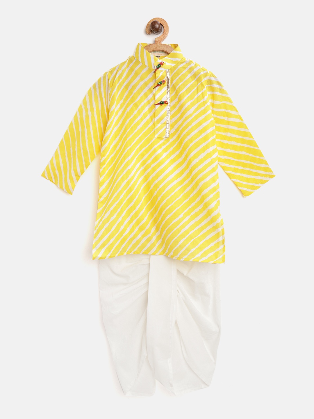 

Cute Couture Boys Yellow & White Lehariya Print Kurta with Dhoti Pants