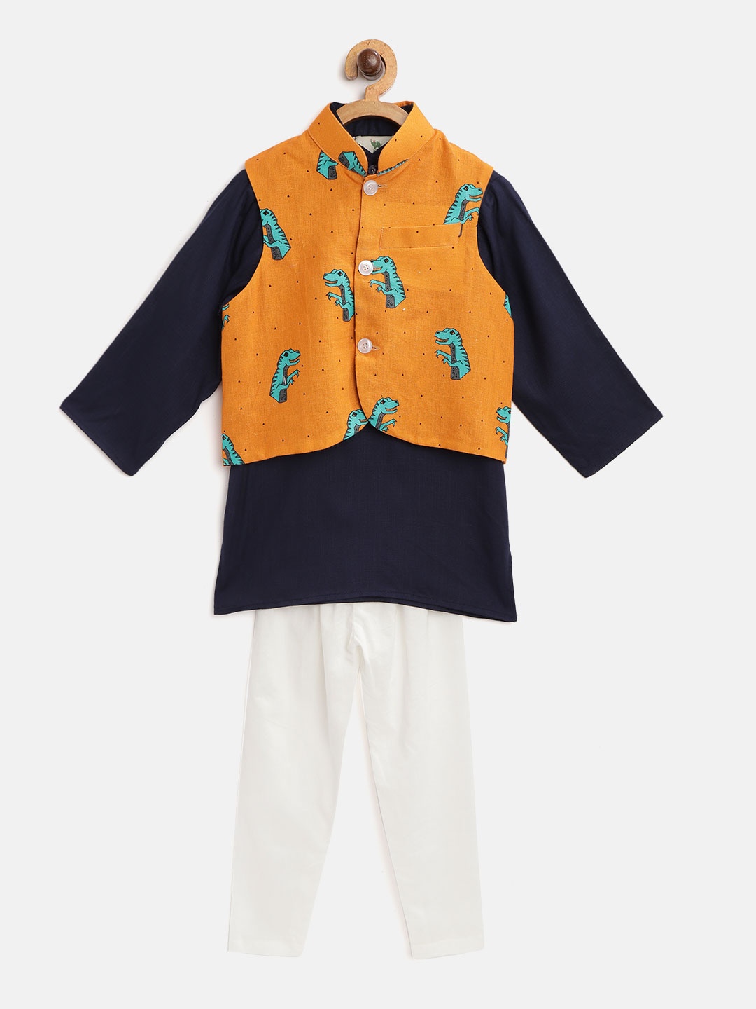 

Cute Couture Boys Navy Blue & White Kurta & Churidar with Alligator Print Nehru Jacket