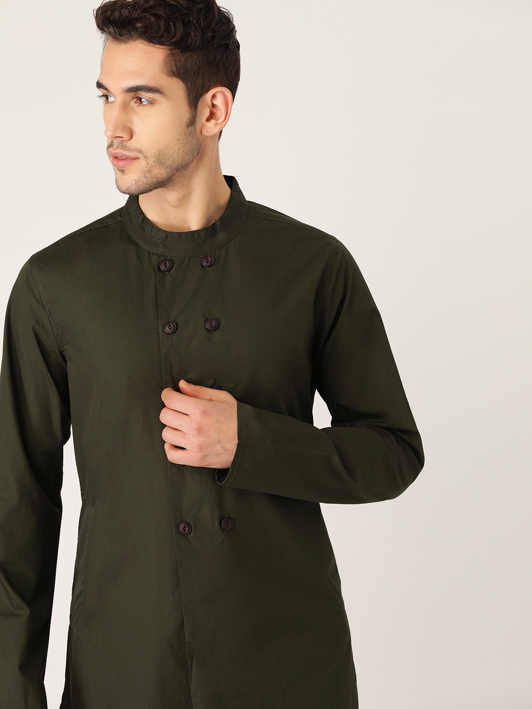

House of Pataudi Men Olive Green Pure Cotton Solid Straight Kurta