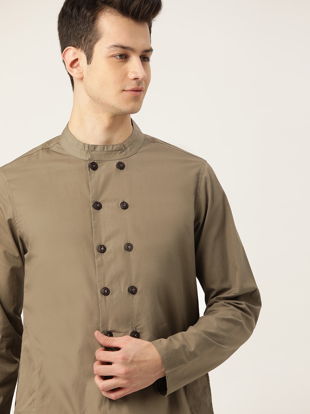 

House of Pataudi Men Olive Green Pure Cotton Solid Straight Kurta