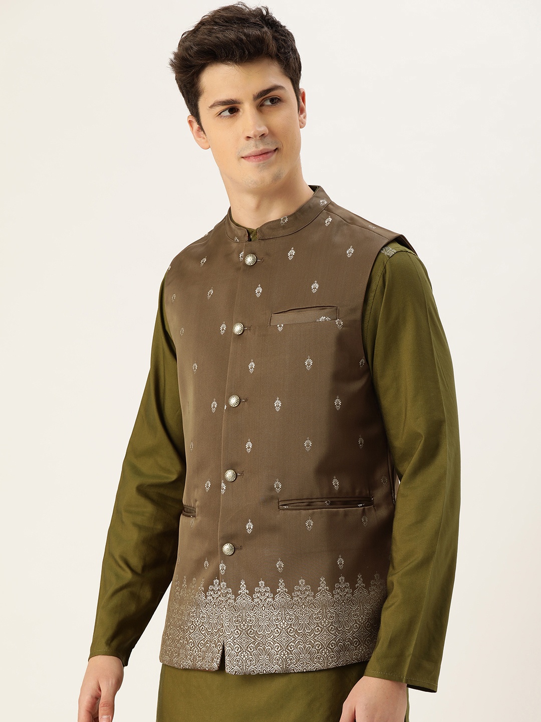 

House of Pataudi Men Olive Green & White Woven Design Nehru Jacket