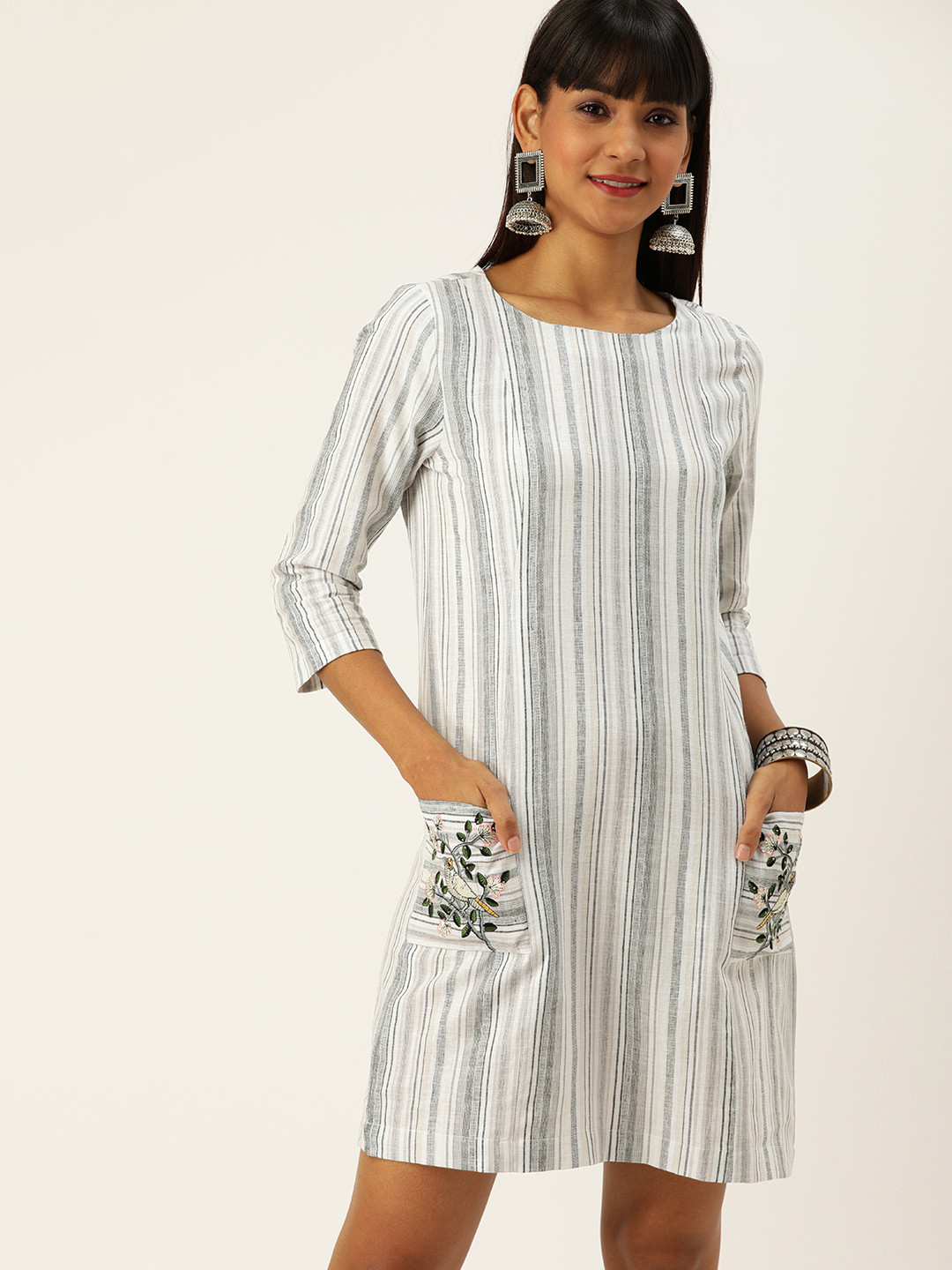 

House of Pataudi Women Off-White Striped A-Line Dress
