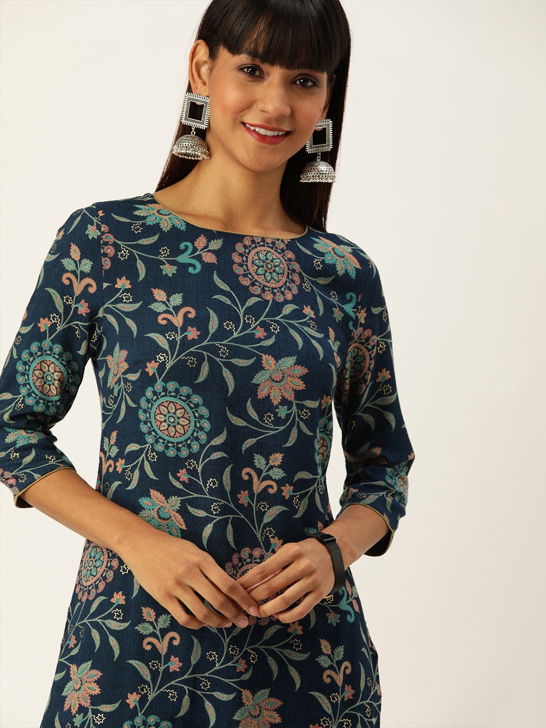 

House of Pataudi Women Navy Blue & Pink Floral Printed Straight Kurta