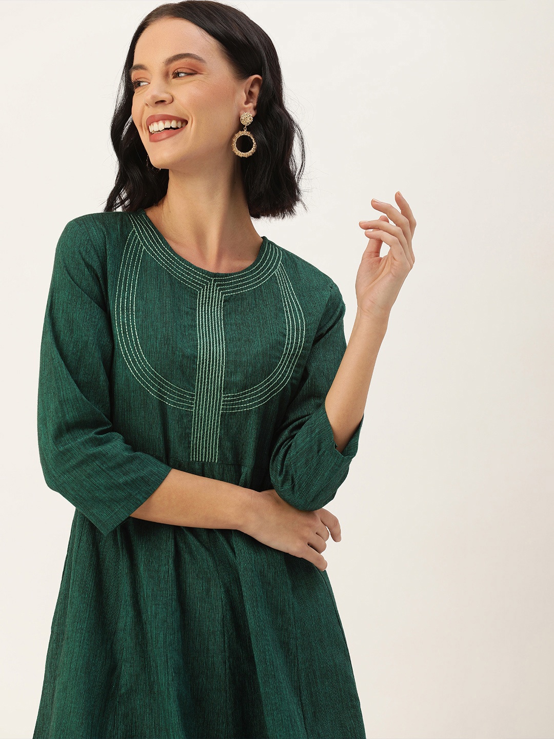 

House of Pataudi Women Green Embroidered A-Line Kurta