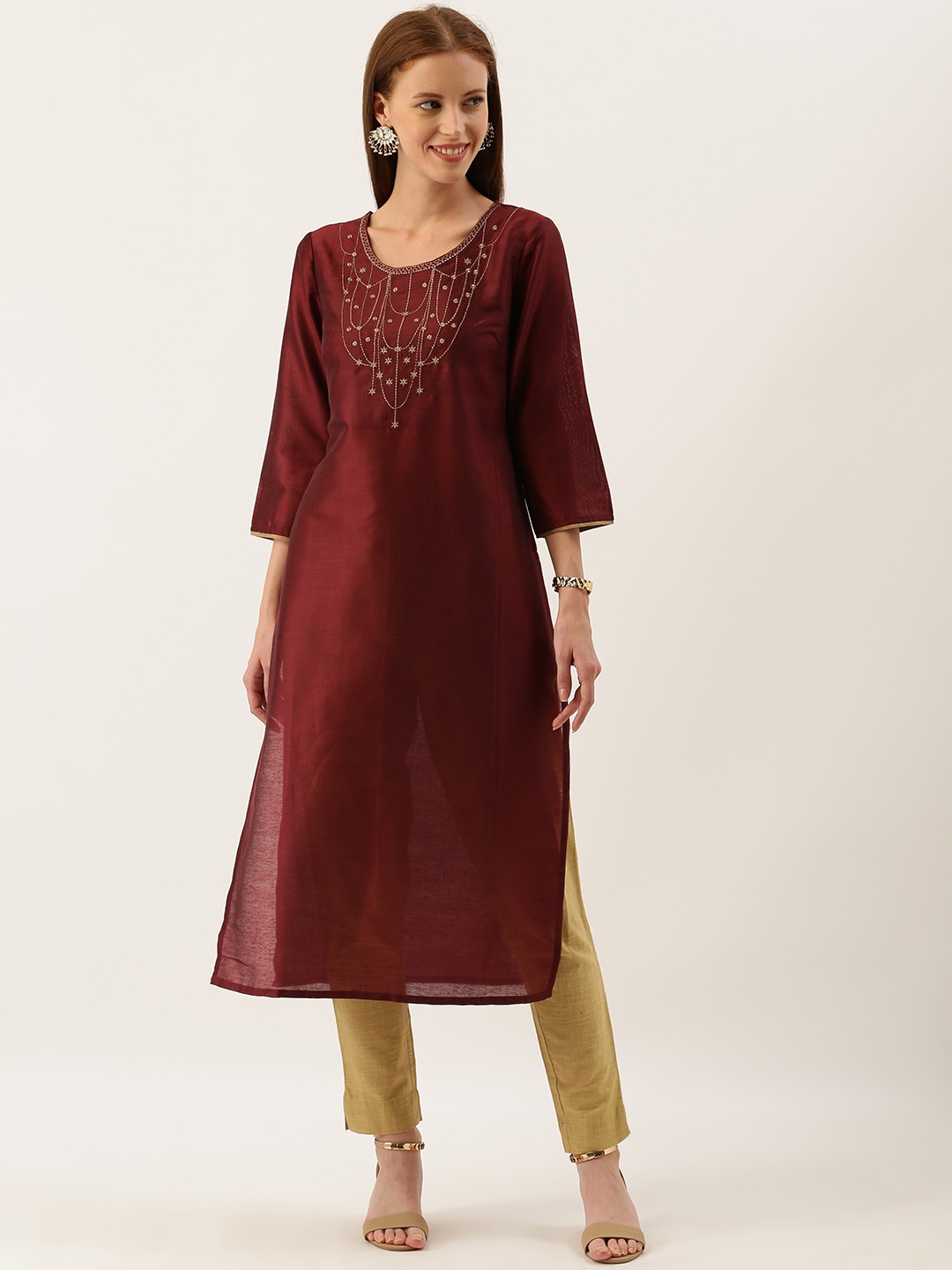 

House of Pataudi Women Maroon Yoke Design Straight Kurta