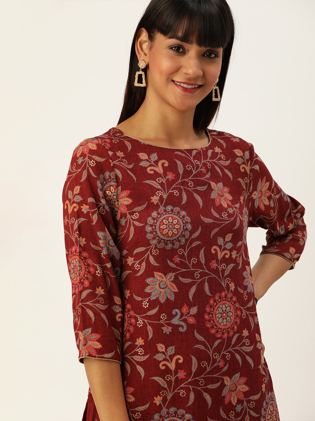 

House of Pataudi Women Maroon Printed Straight Kurta