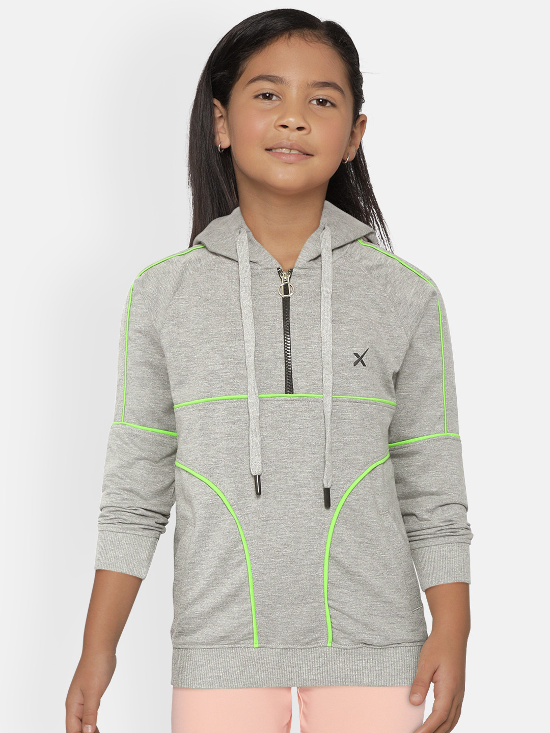 

HRX by Hrithik Roshan Girls Grey Melange & Neon Green Solid Rapid-Dry Active Sweatshirt