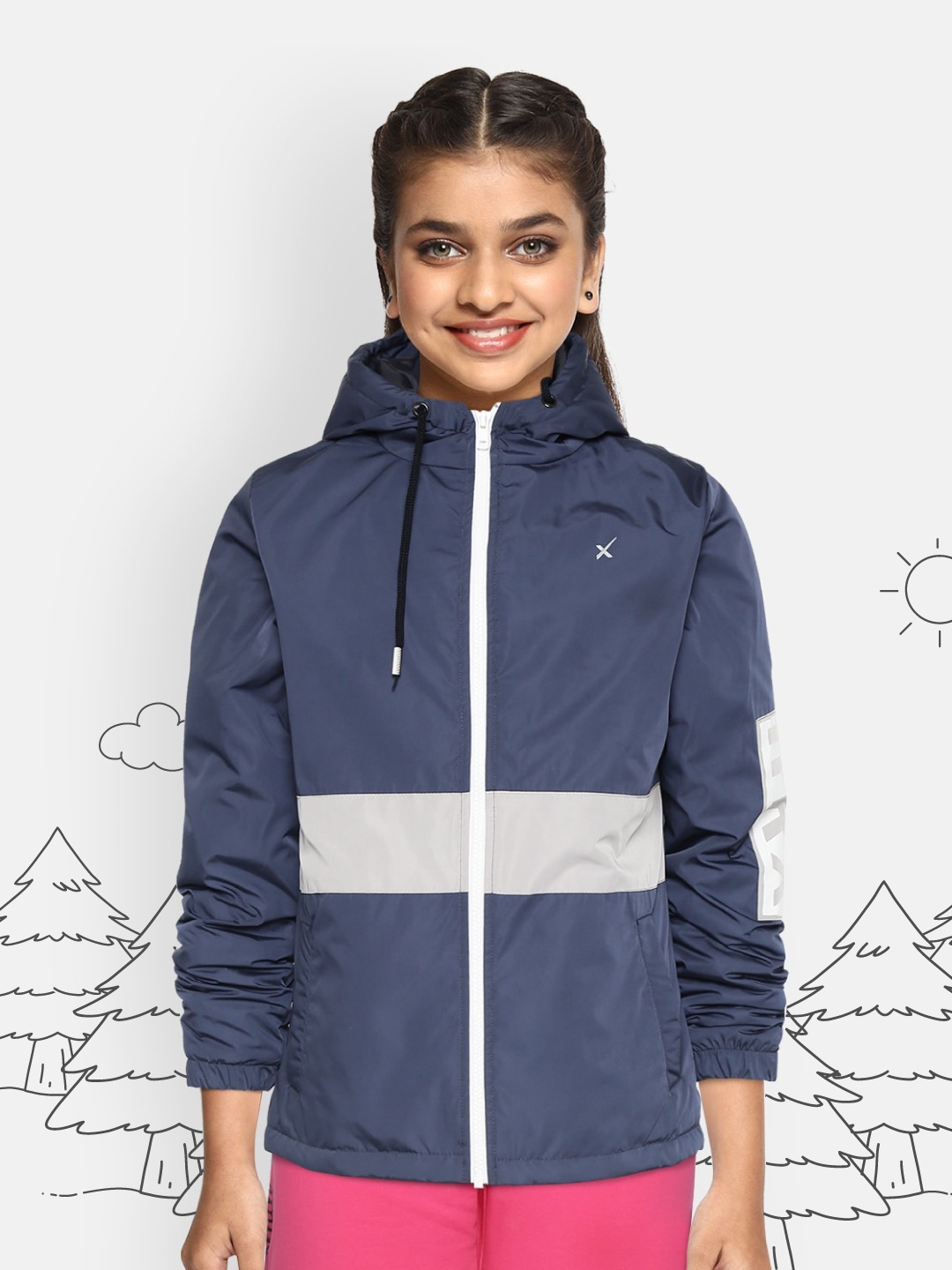 

HRX by Hrithik Roshan Girls Navy Blue & Optic White Antimicrobial & Rapid-Dry Jacket