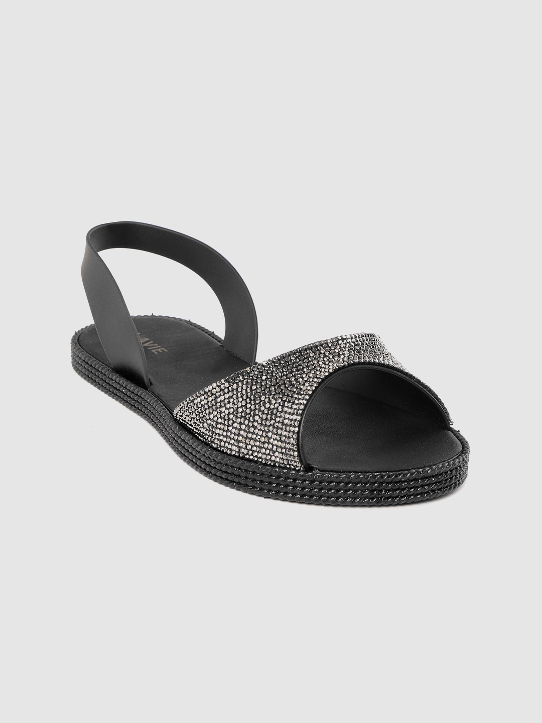 

Lavie Women Gunmetal-Toned & Black Embellished Open Toe Flats, Metallic