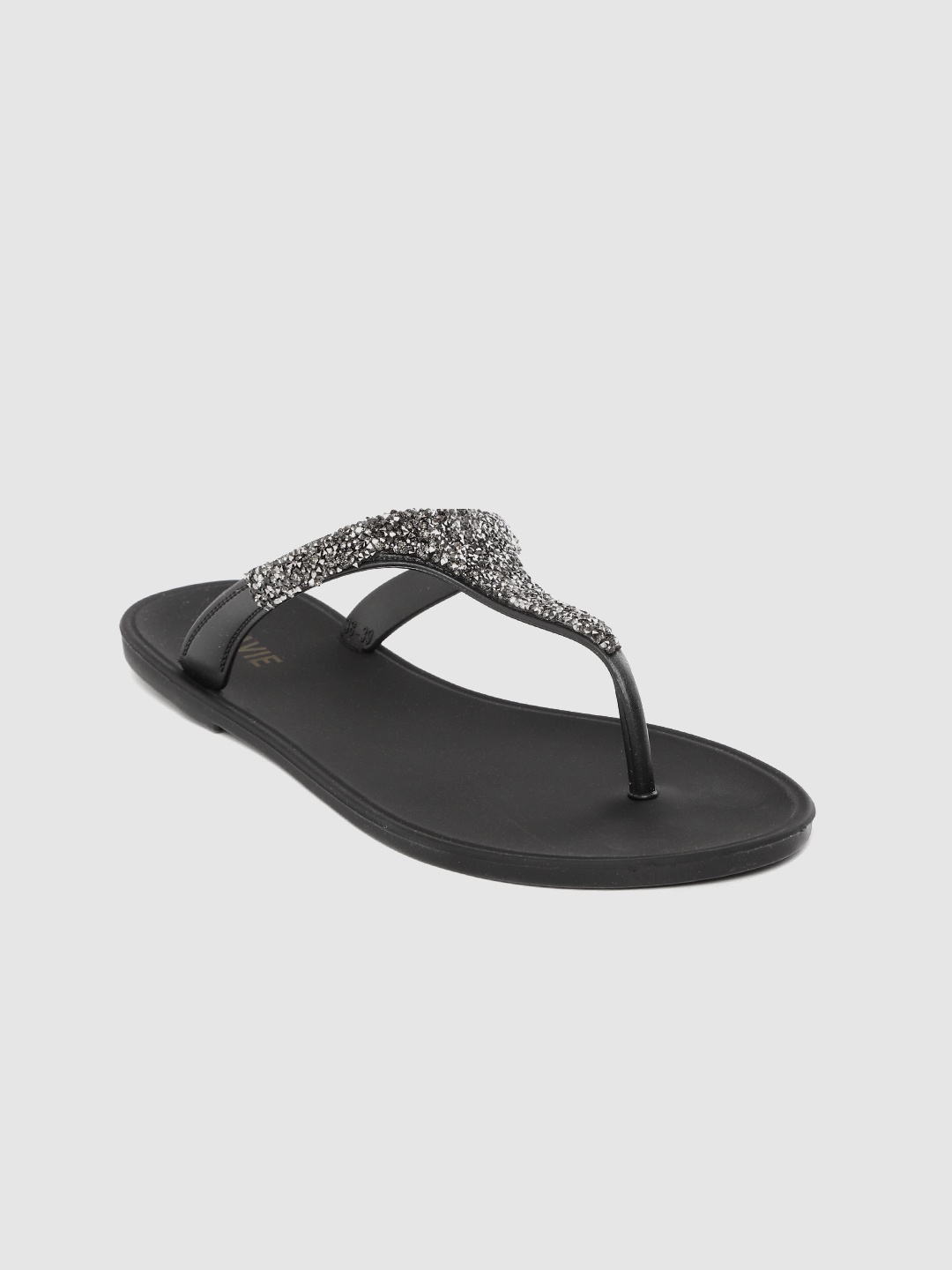 

Lavie Women Gunmetal-Toned & Black Embellished T-Strap Flats, Metallic