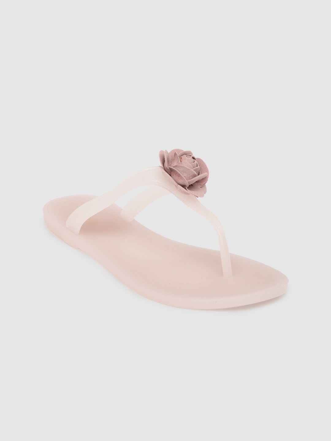 

Lavie Women Light Pink Solid T-Strap Flats with Floral Applique