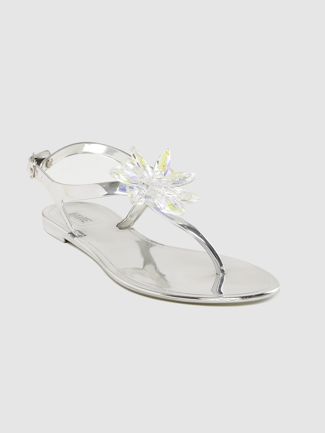 

Lavie Women Silver-Toned Solid T-Strap Flats With Floral Stone Studded Deatil