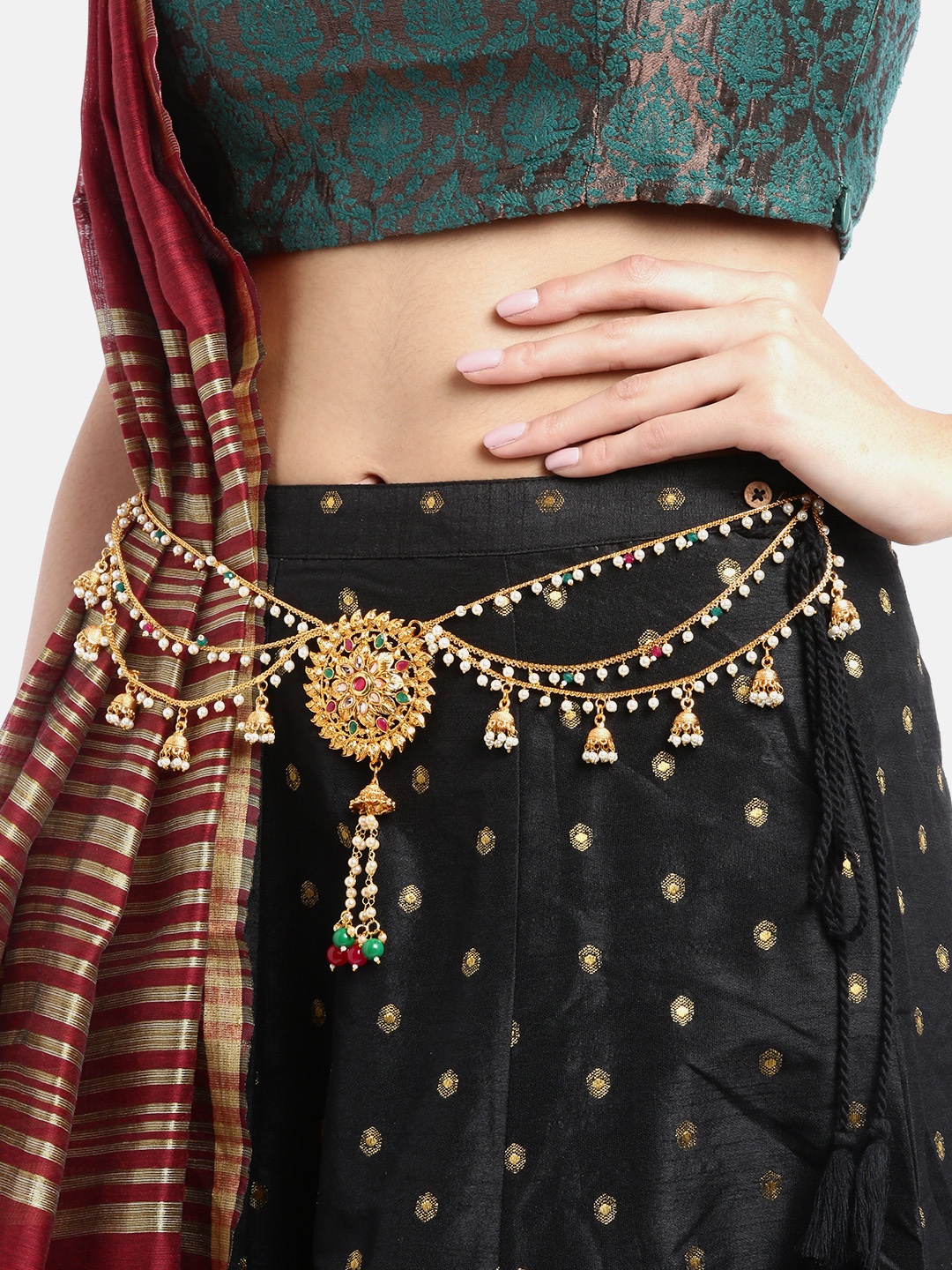 

JEWELS GEHNA Red & Green Gold-Plated Kundan & CZ-Studded Handcrafted Kamarbandh