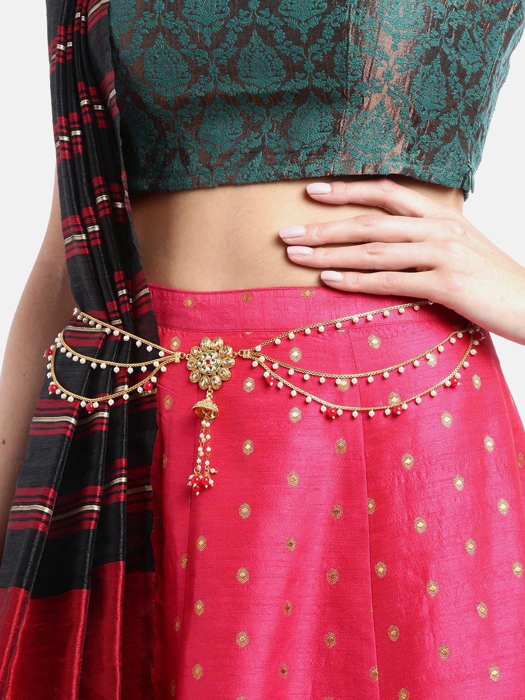 

JEWELS GEHNA Off-White & Red Gold-Plated Kundan-Studded & Beaded Handcrafted Kamarbandh