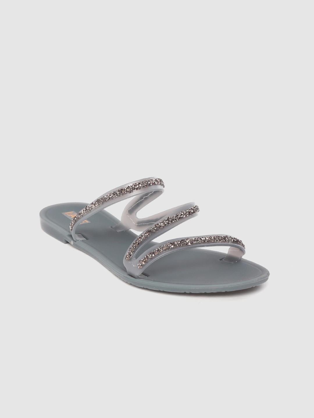 

Lavie Women Charcoal Grey & Gunmetal-Toned Embellished Open Toe Flats