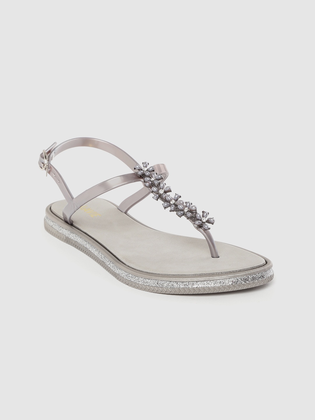 

Lavie Women Grey Embellished T-Strap Flats