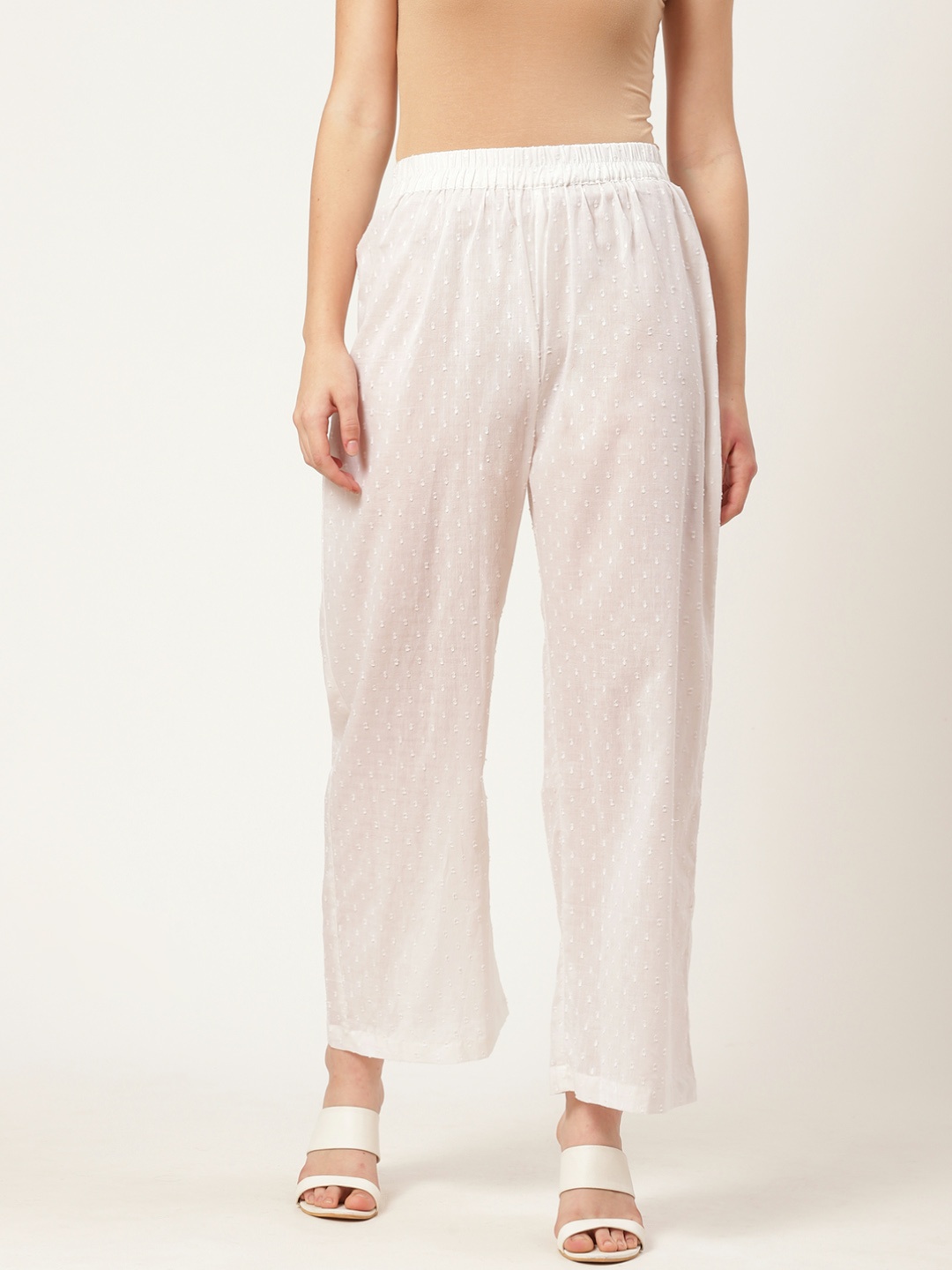 

FABRIC FITOOR Women White Self-Design Straight Palazzos