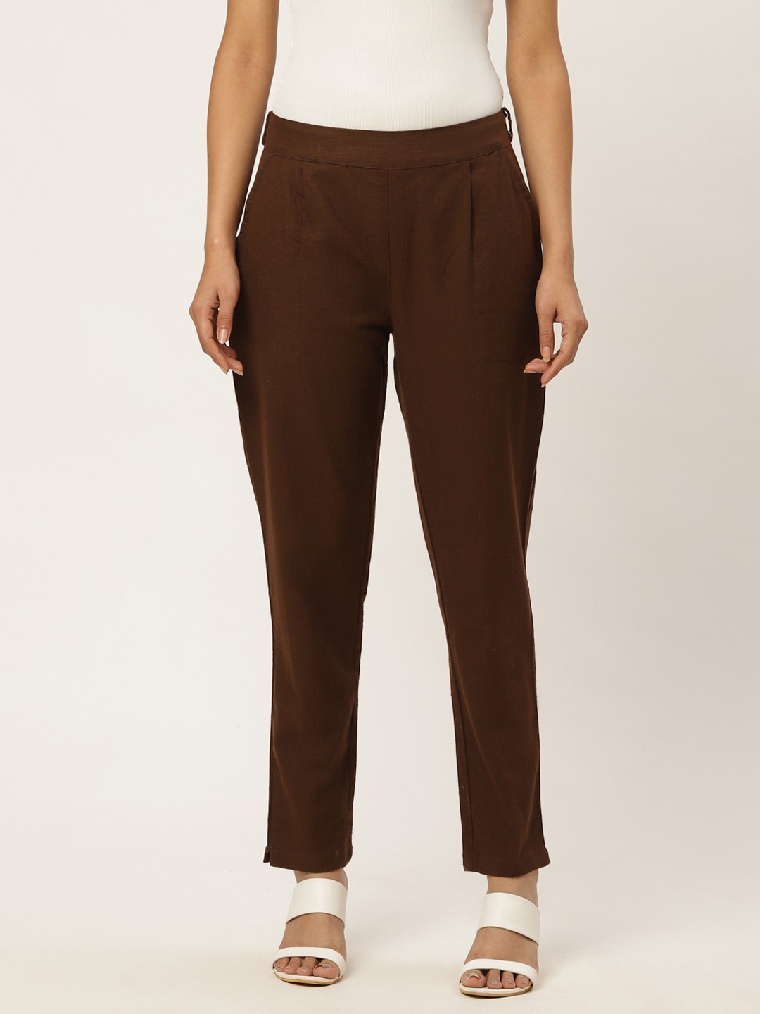 

FABRIC FITOOR Women Coffee Brown Relaxed Straight Fit Solid Regular Trousers