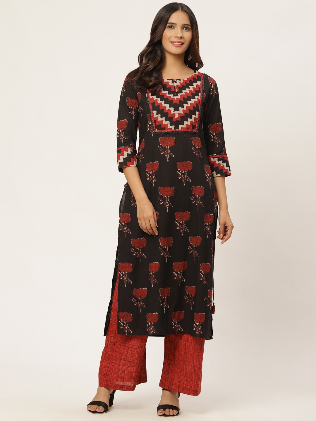 

FABRIC FITOOR Women Black & Red Ethnic Motifs Print Kurta with Palazzos