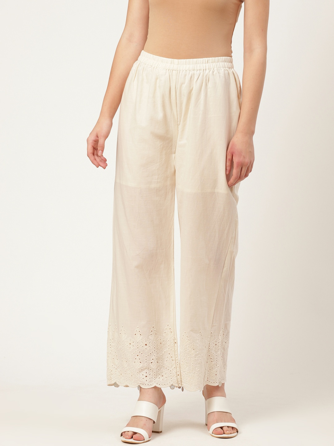 

FABRIC FITOOR Women Off-White Solid Flared Palazzos