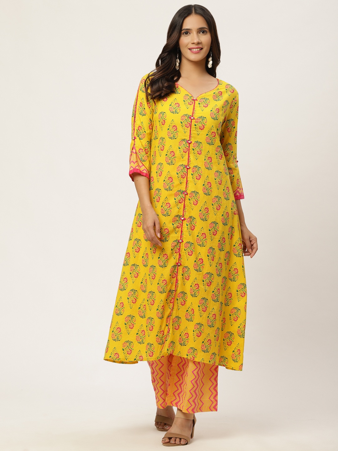 

FABRIC FITOOR Women Mustard Yellow & Green Buta Print Kurta with Palazzos