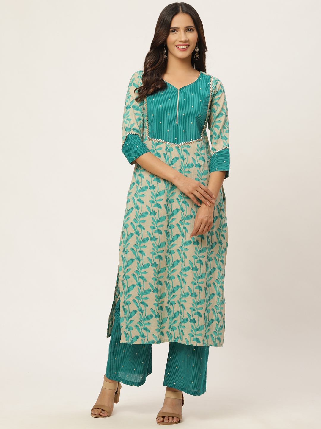 

FABRIC FITOOR Women Teal Green & Beige Printed Kurta with Palazzos