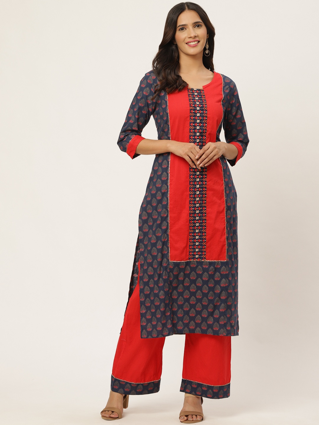 

FABRIC FITOOR Women Navy Blue & Red Printed Kurta with Palazzos