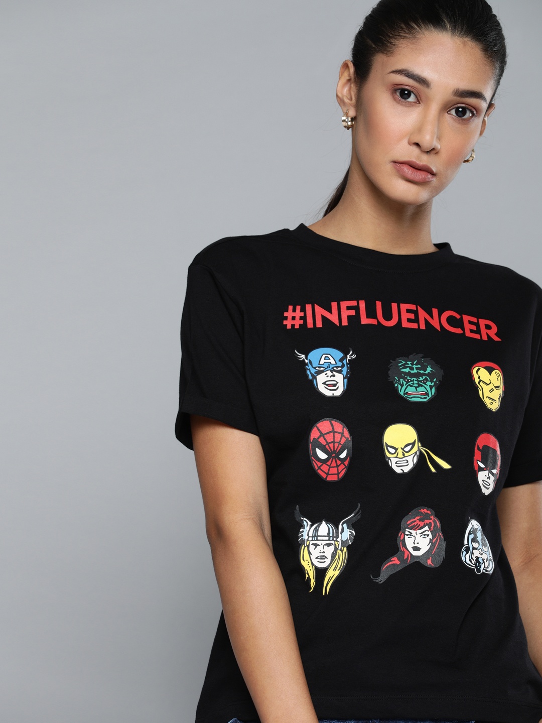 

Kook N Keech Women Black Printed Round Neck Pure Cotton T-shirt
