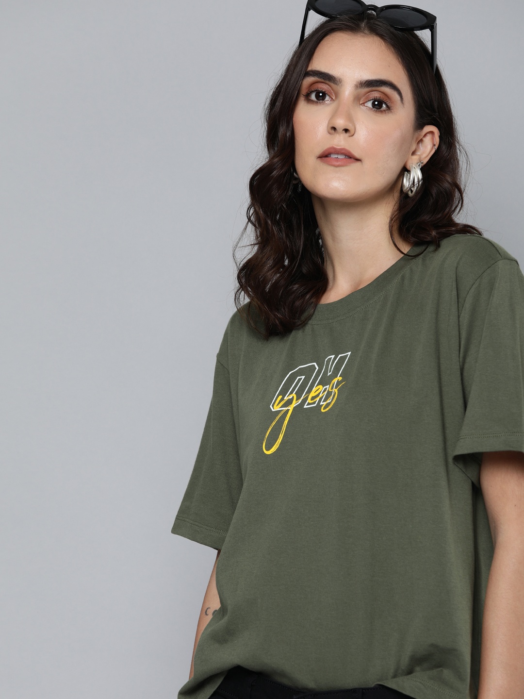 

Kook N Keech Women Olive Green Printed Round Neck Relaxed Pure Cotton T-shirt