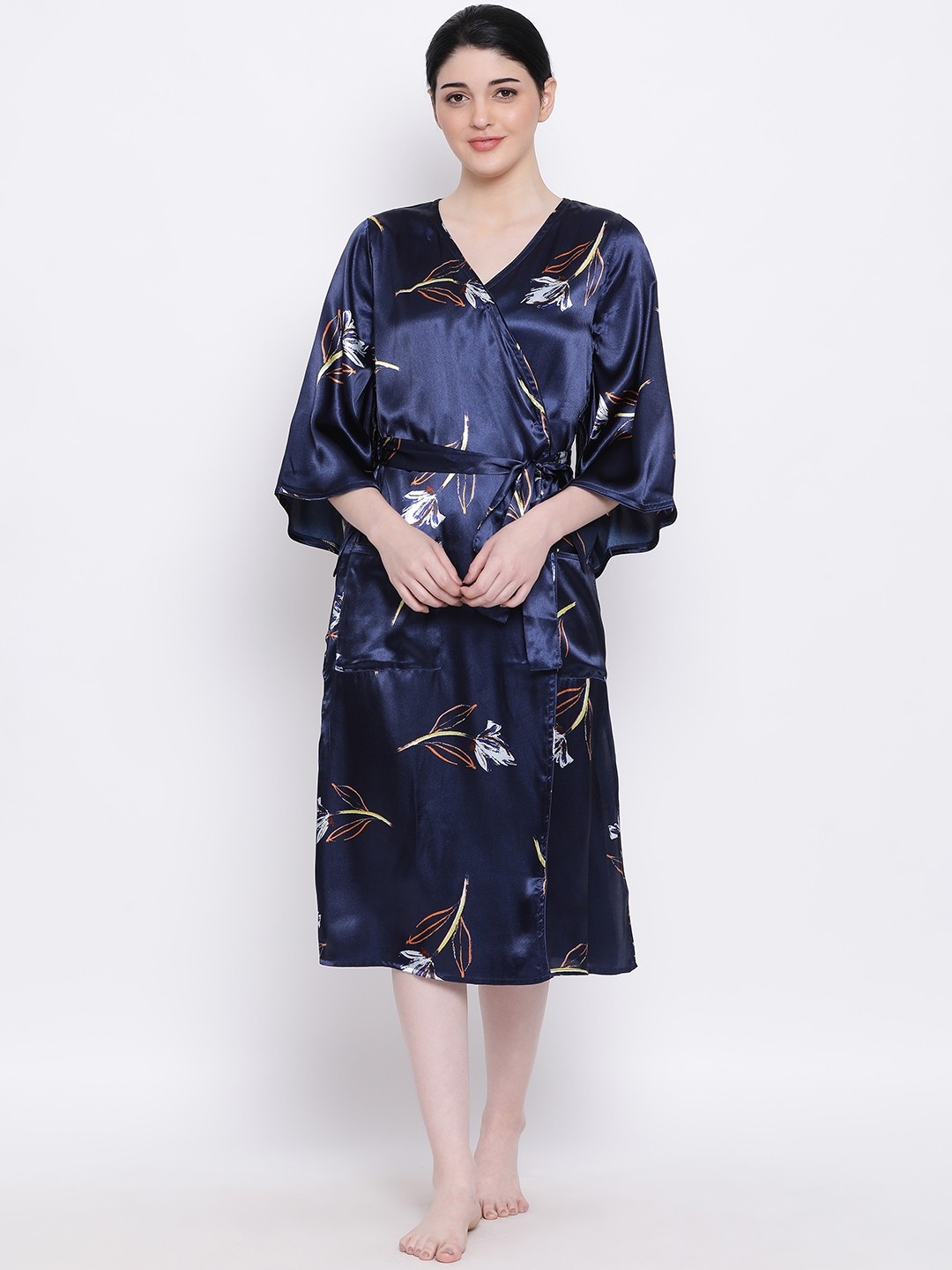 

Oxolloxo Women Navy Blue Floral Printed Cover-Up Nightdress