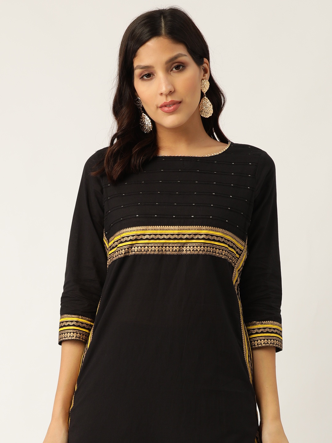 

Sangria Women Black & Mustard Yellow Sequinned Yoke Design Kurta with Trousers