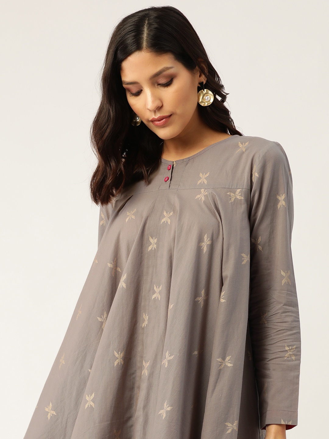 

Sangria Women Taupe & Dull Golden Khadi Printed A-Line Top