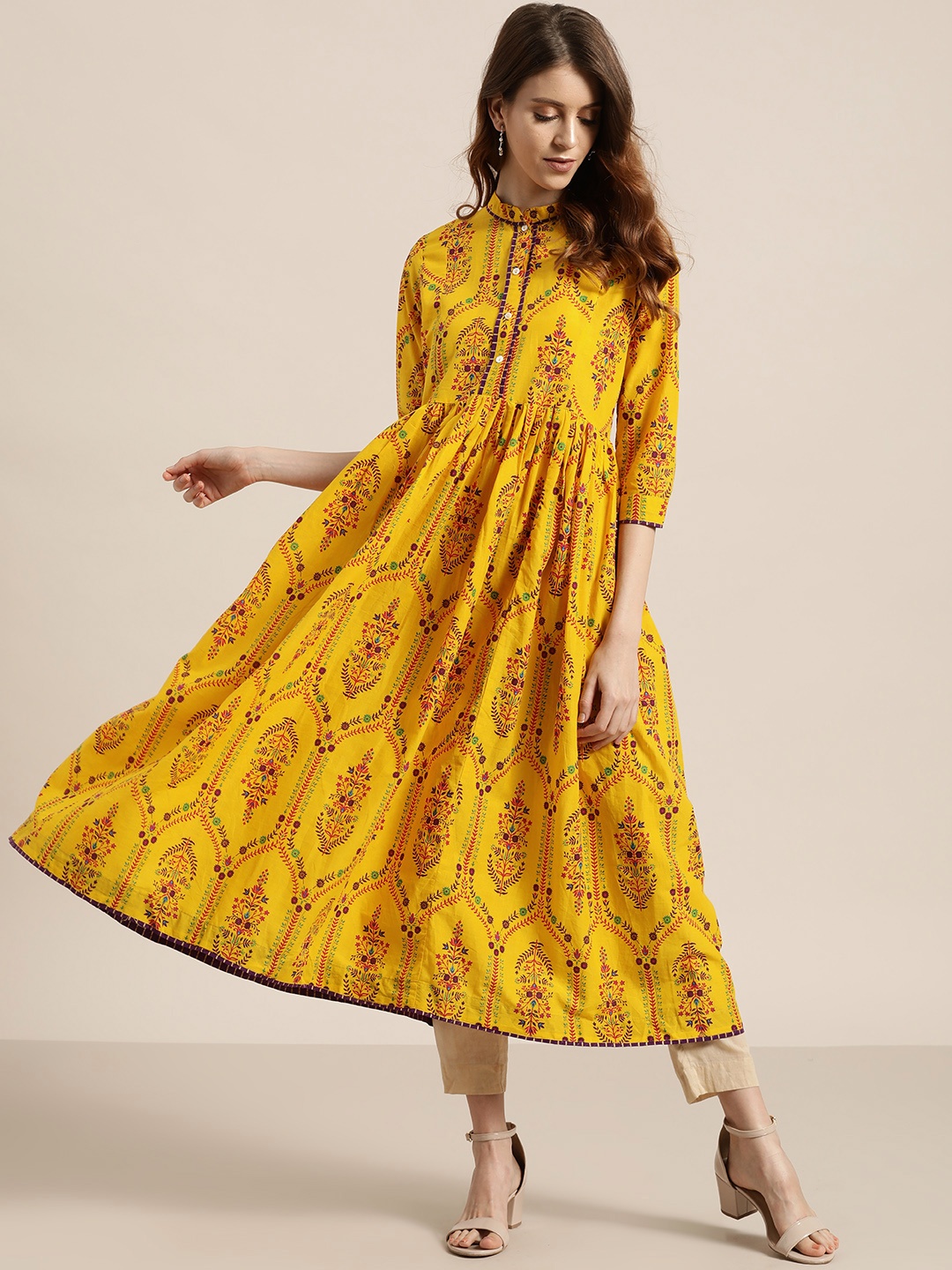 

Sangria Women Yellow & Purple Printed A-Line Kurta