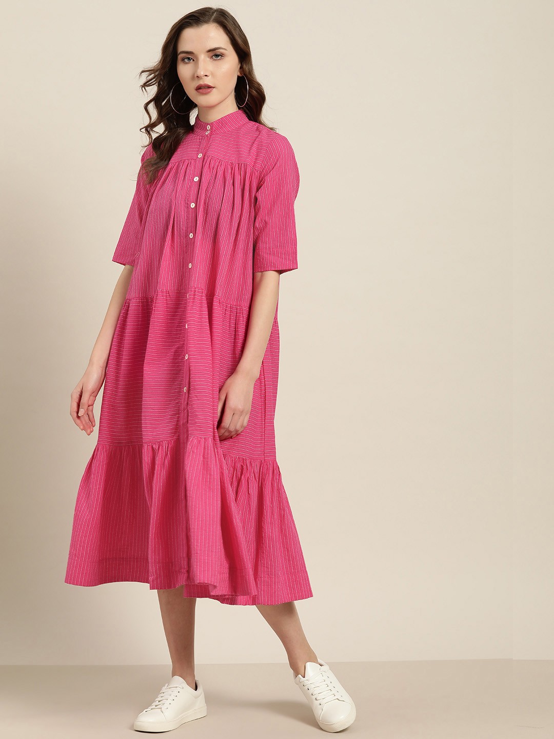 

Sangria Women Fuchsia Pink & White Tiered Self-Striped A-Line Dress