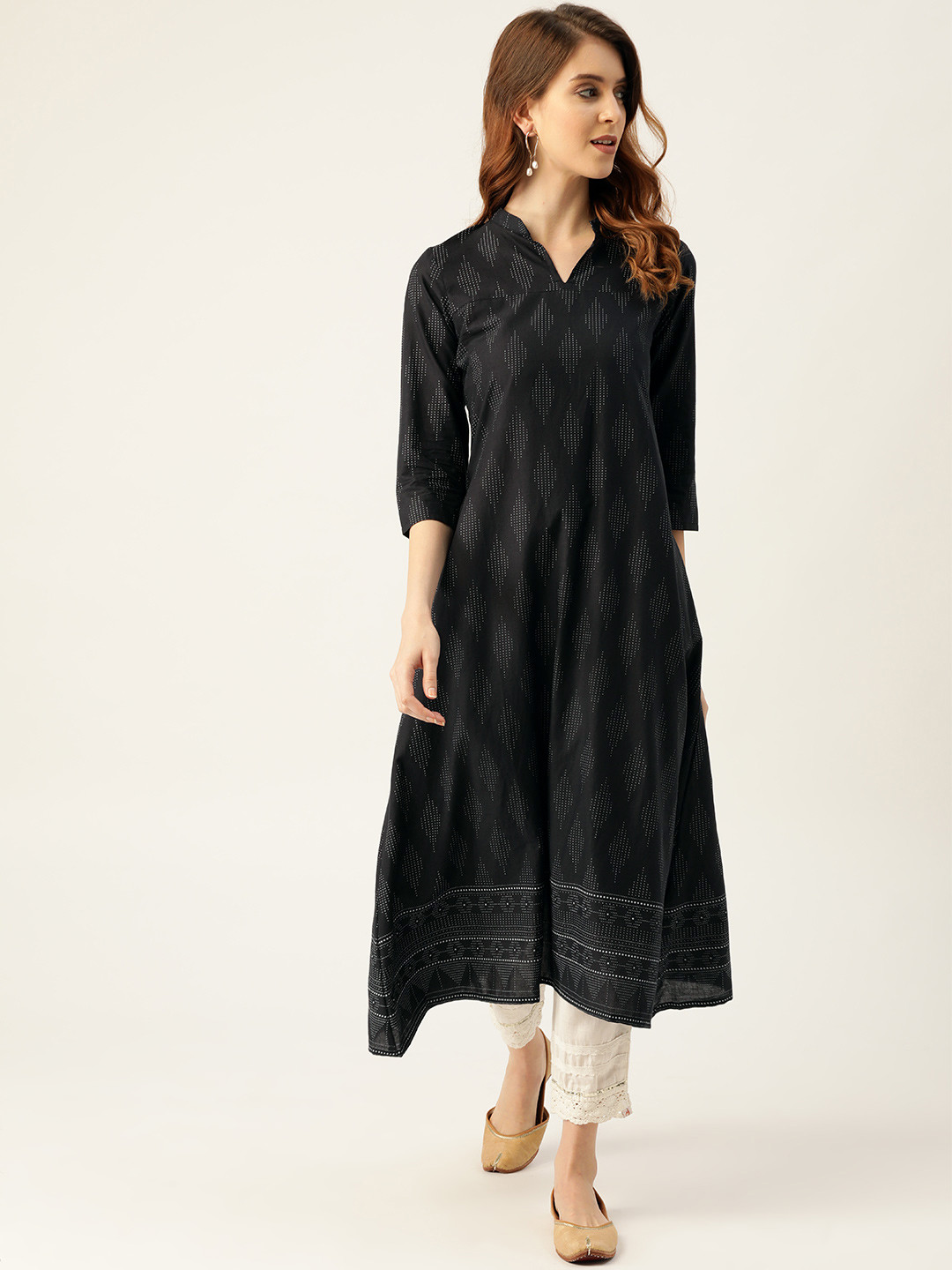 

Women Black Cotton Printed A -line Kurta