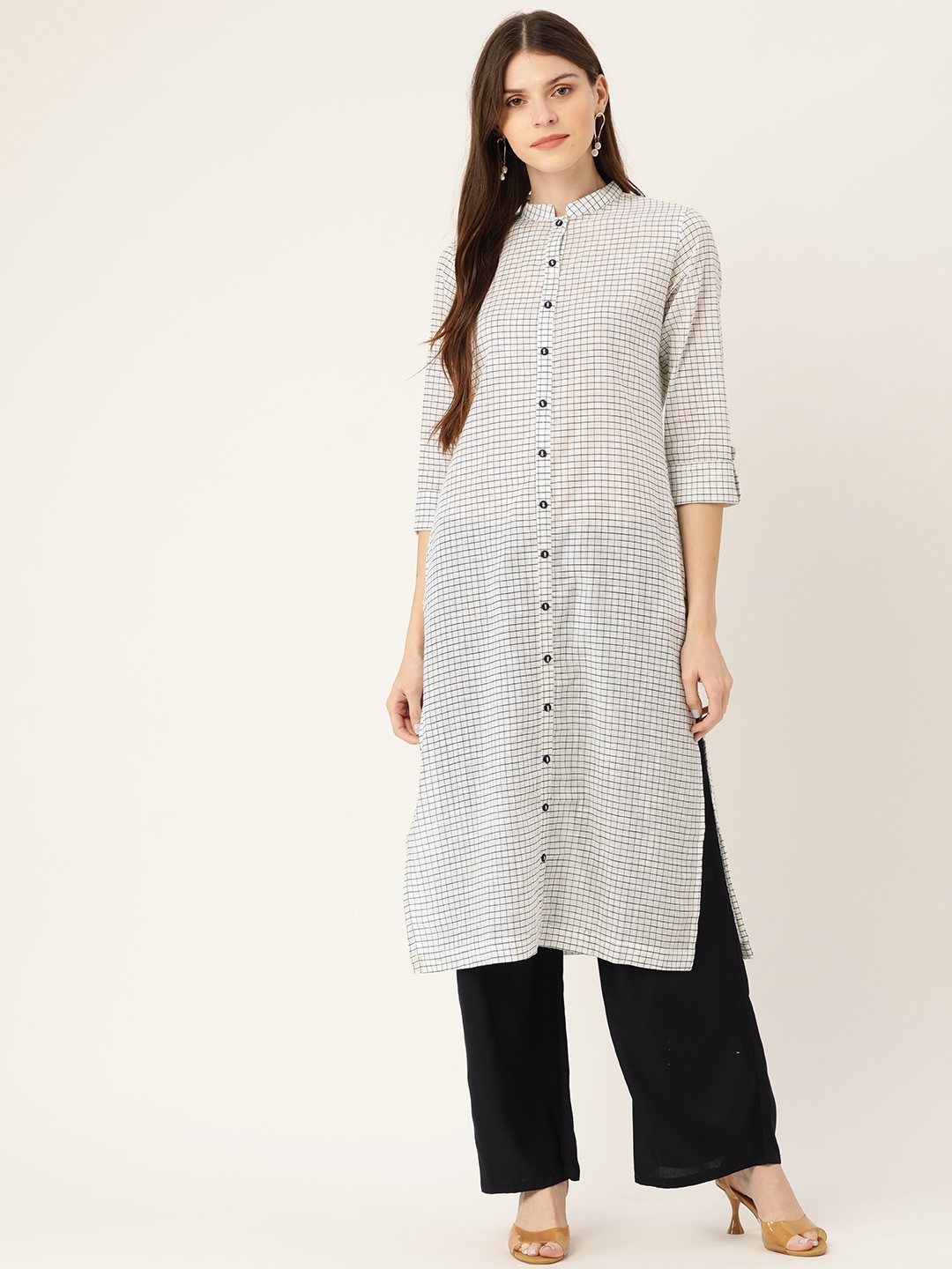 

Sangria Women White & Blue Checked Straight Kurta
