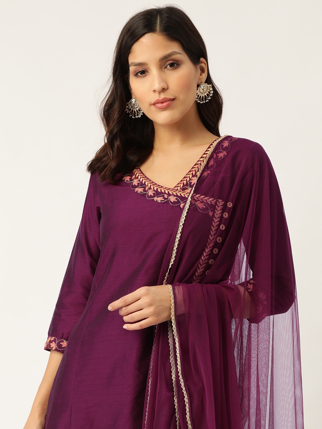 

Sangria Women Aubergine & Golden Embroidered Detail Angrakha Kurta with Palazzos & Dupatta, Purple