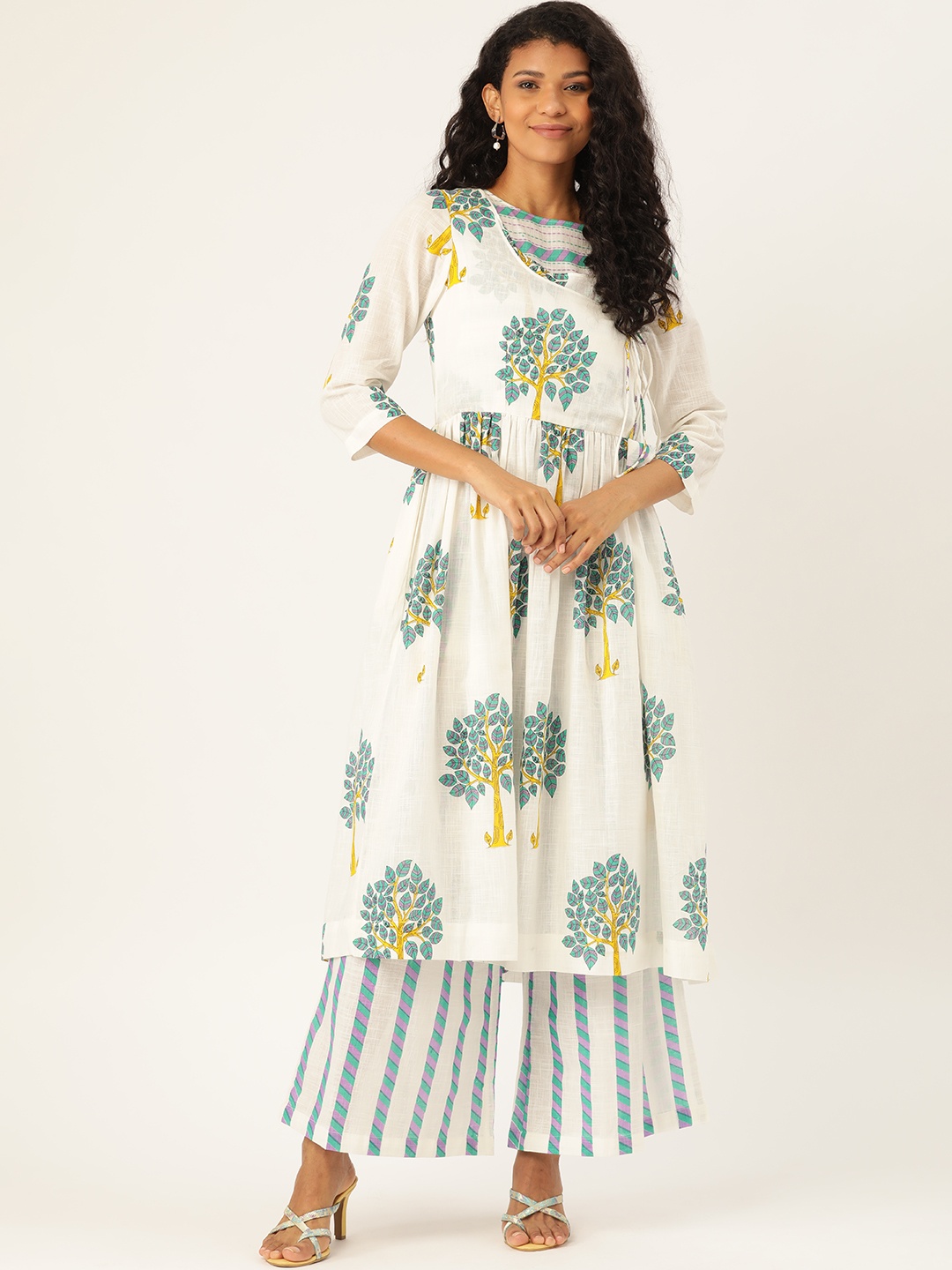 

Sangria Women White & Green Printed Angrakha Kurta with Palazzos