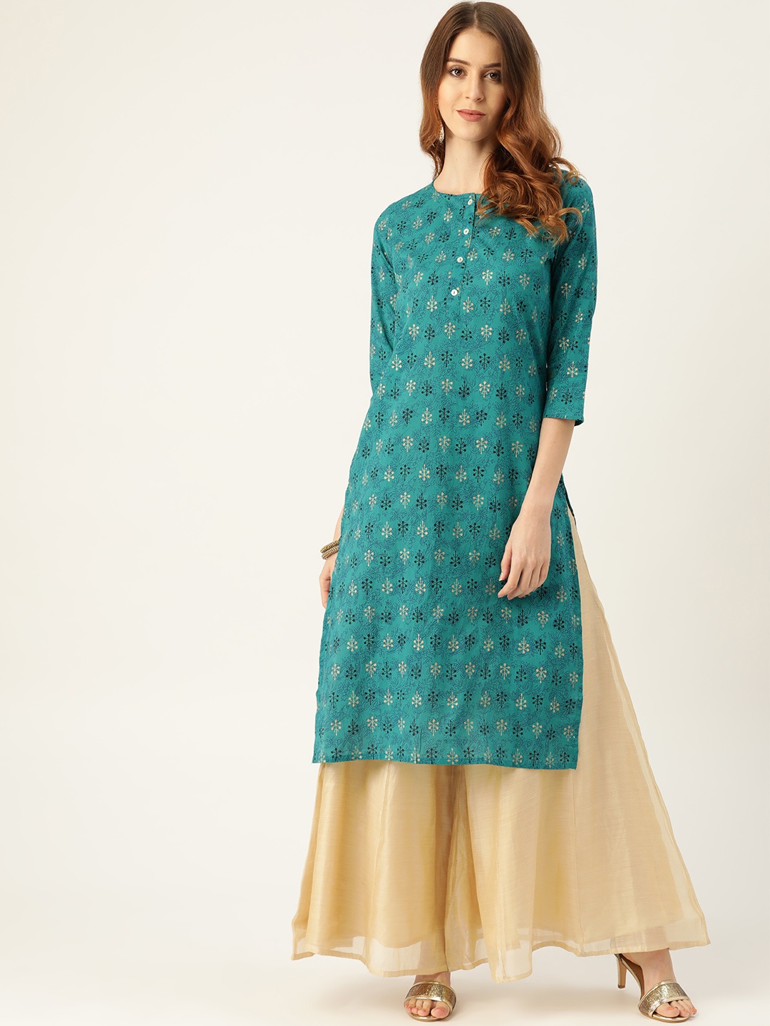 

Sangria Women Teal Blue & Golden Printed Straight Kurta