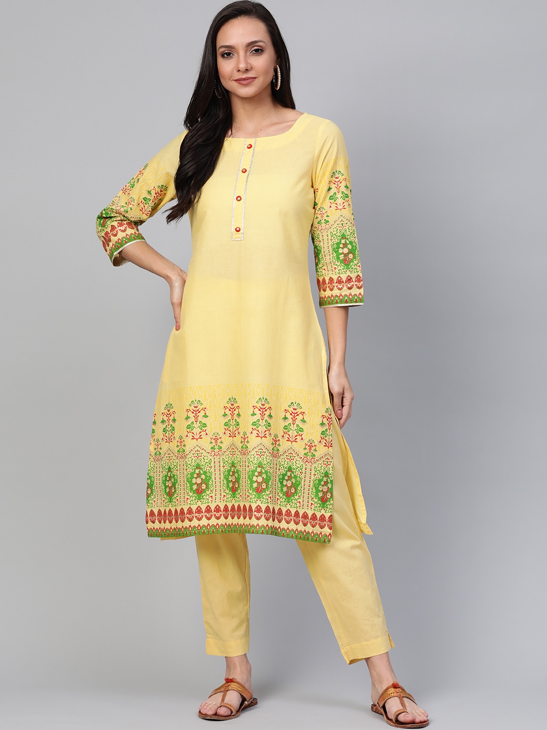 

Sangria Women Yellow & Green Printed Kurta with Trousers