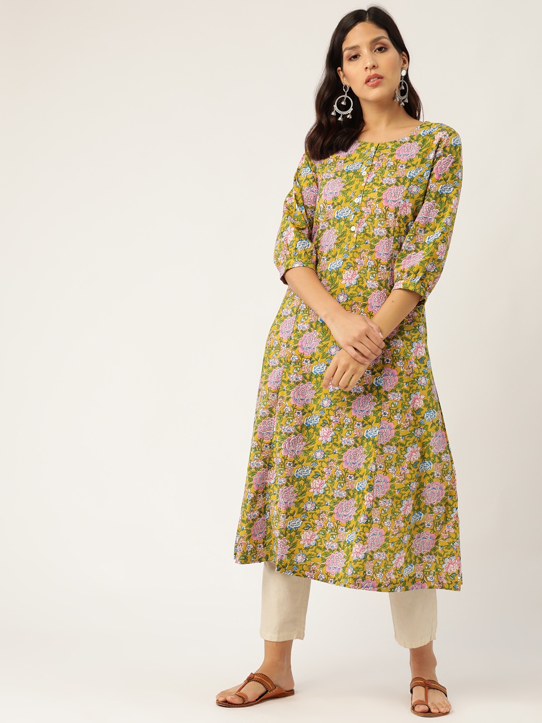 

Sangria Women Green & Pink Floral Print A-Line Kurta