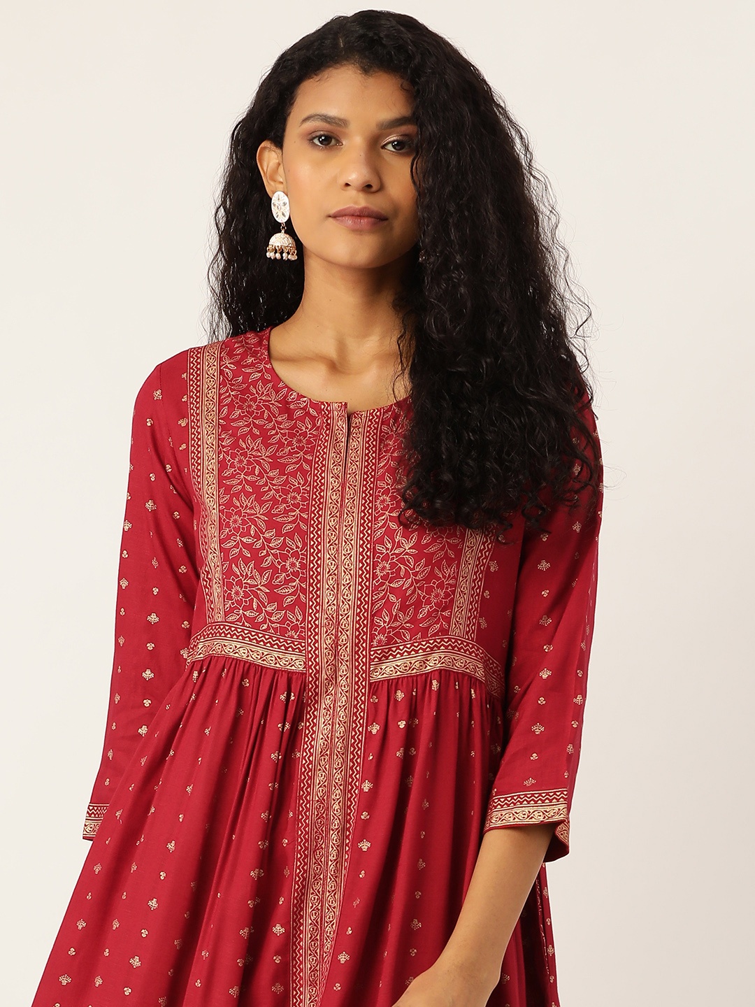 Sangria Khari Printed Flounced Hem Midi Ethnic Dress, Maroon