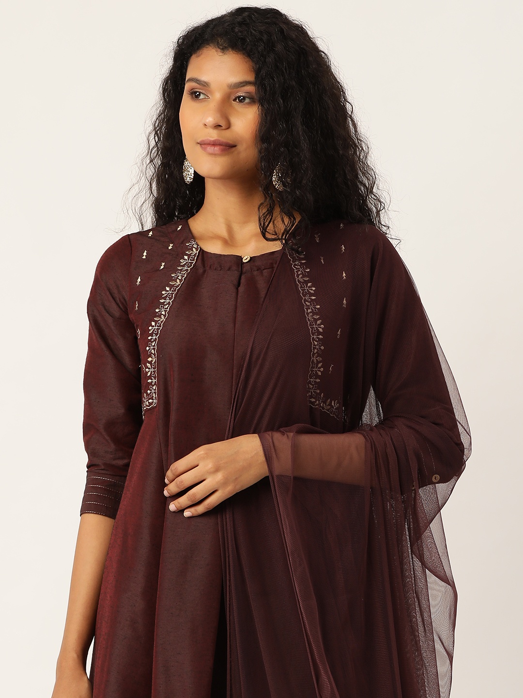 

Sangria Women Bown Zari Embroidered Flared Kurta Pant Dupatta Set, Brown
