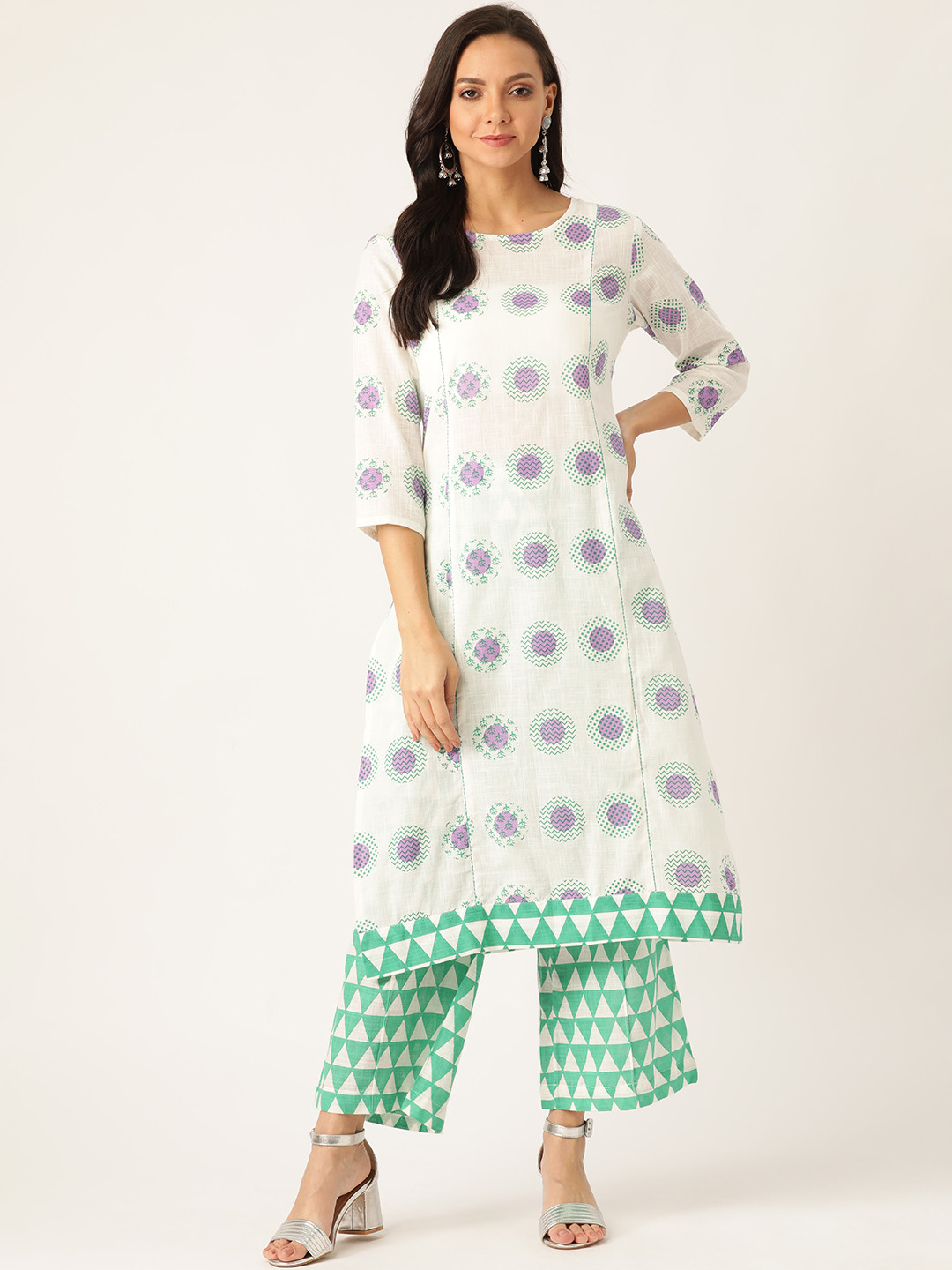 

Sangria Women White & Green Printed Kurta with Palazzos