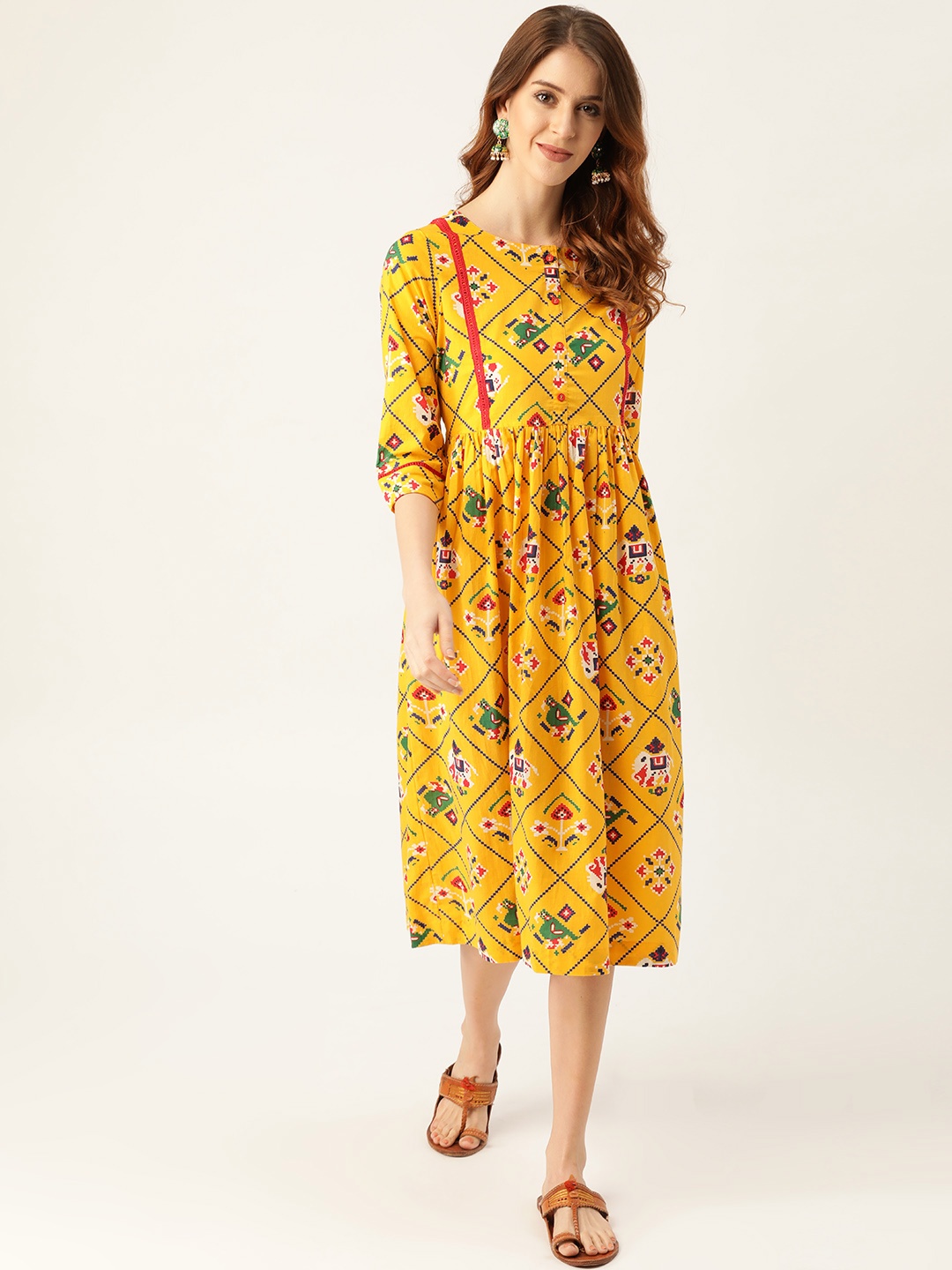 

Sangria Women Yellow & Red Printed A-Line Dress