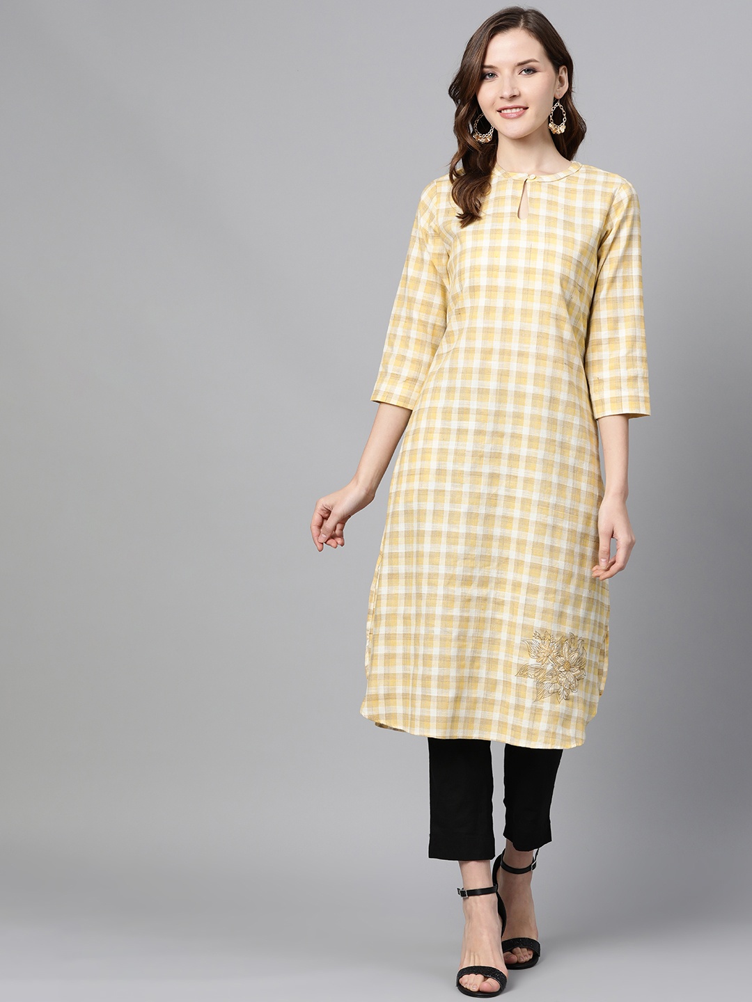 

Sangria Women Yellow & Beige Checked Straight Kurta