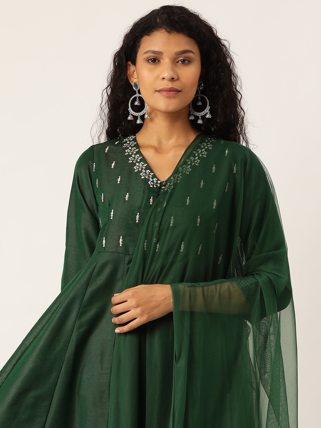 

Sangria Women Green Zari Embroidered Anarkali Kurta Palazzo Dupatta Set