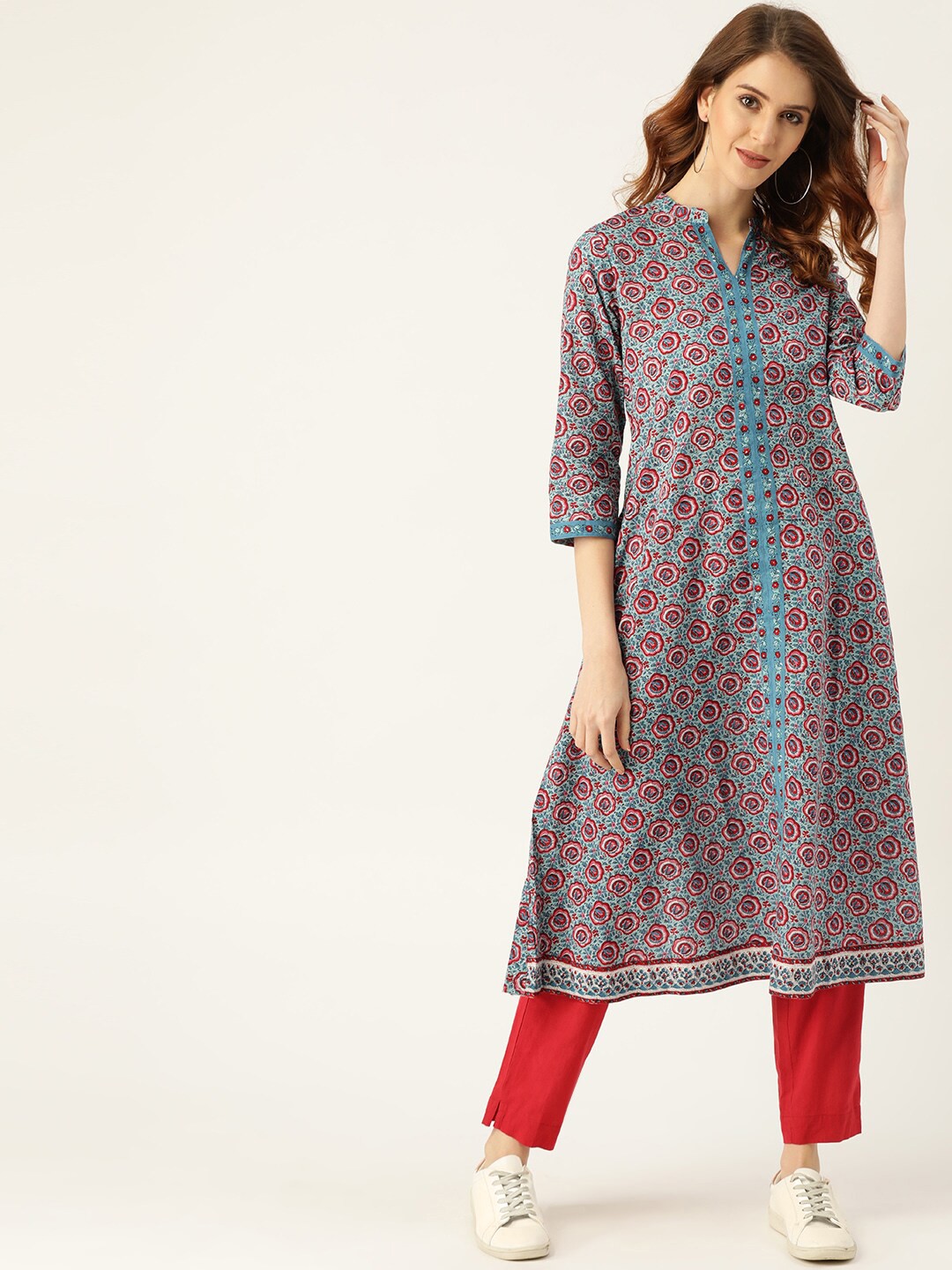 

Women Blue Cotton Printed A-line Kurta