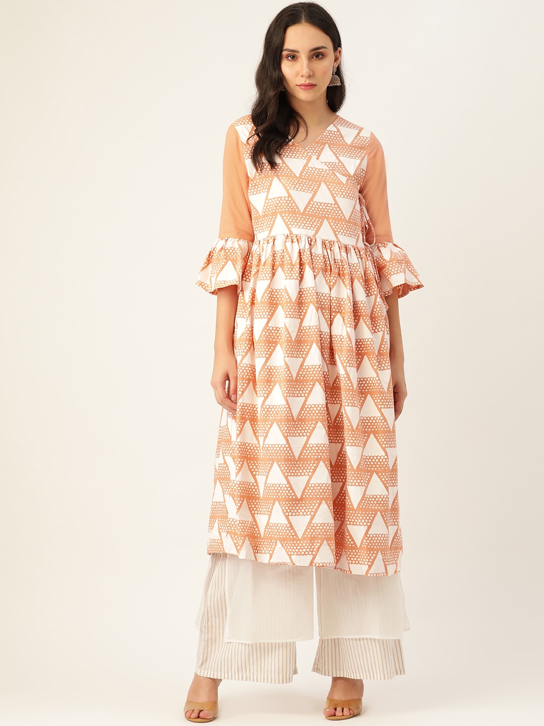 

Sangria Women Peach-Coloured & Off-White Geometric Printed Angrakha A-Line Kurta
